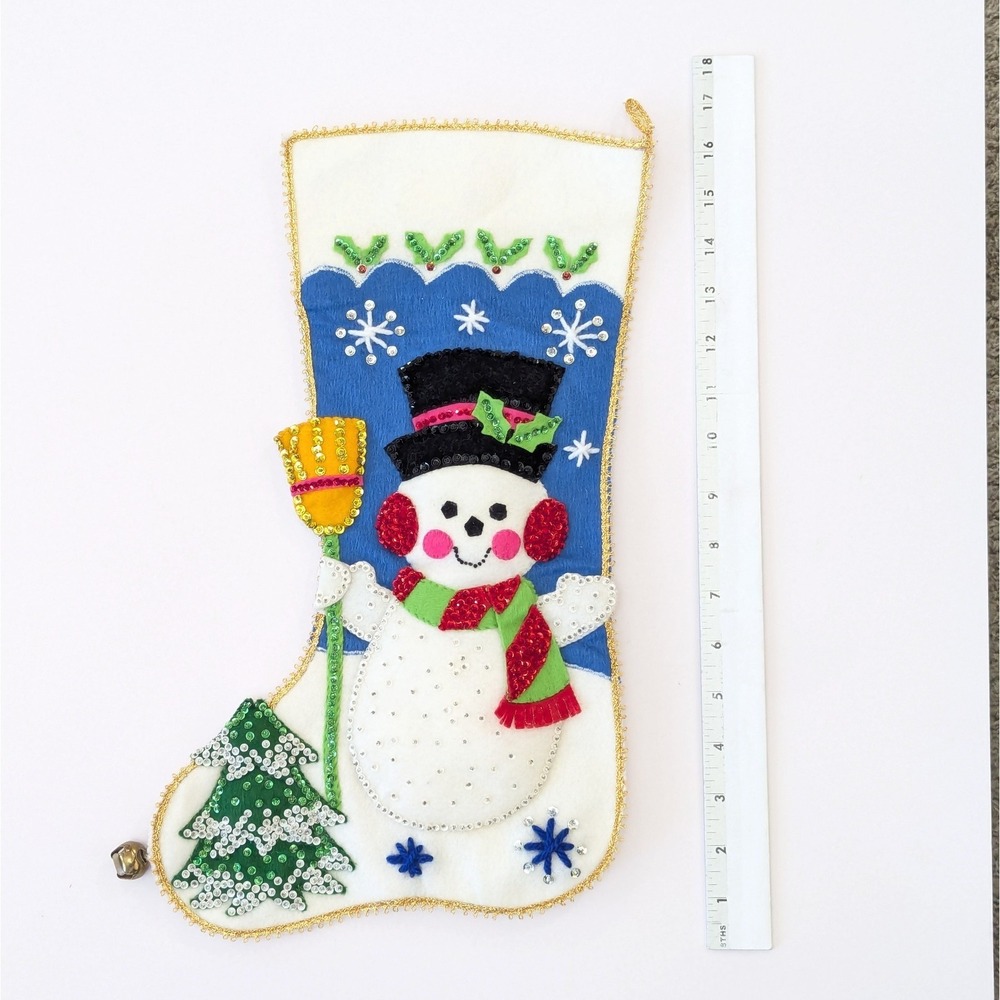 Vintage Finished Bucilla Felt Sequin Beaded Christmas Stocking Snowman w/Broom - Picture 8 of 9